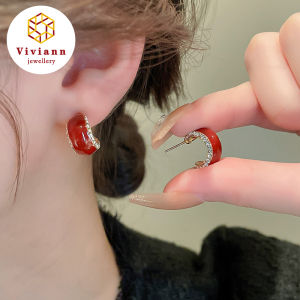 Viviann Original New Red C-shaped Earrings Versatile Style Earrings High end New Year Earrings Chinese Style Red Pendant Stud Earrings for Women The Year of The Dragon Gift New Year Festive Jewelry Gifts