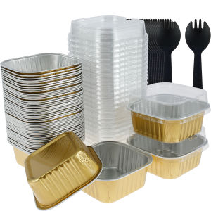 150Pcs Aluminum Foil Cupcake Cups with Lids and Spoons 150ml Non-Stick Foil Baking Cups Square Ramekin Containers for Home Party