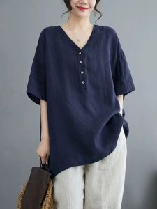 Casual Cotton Linen Loose Short Sleeve V-Neck T-Shirt Womens Summer New Style Retro Fit Loose Versatile Summer Top