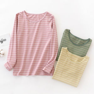 Pure Cotton Long Sleeves T-shirt Womens Pure Autumn and Winter Homewear Single Top Striped Autumn Clothes Loose Version Pajamas Base Shirt