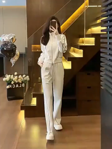 Spring and Autumn Sports Suit Womens Fashion Casual Long Sleeve Cardigan Coat+Loose Wide Leg Pants Two Piece Set