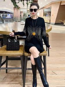 Fall Winter Long Sleeve Knitted Dress Elegant Heavy Work Rhinestone Fashionable Base Layer Dress round Neck Pullover Gown