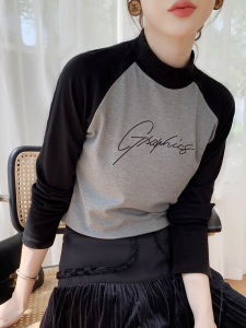 Stitching Long Sleeve T-shirt Womens Contrast Color Raglan Half Turtleneck Dralon Bottoming Shirt Thickened Fall and Winter Keep Warm Inner Match Brushed Plush