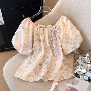 Elegant Floral Embroidery Back Tie Hollow Bubble Sleeve Shirt Womens Chic Shoulder Bared Top Korean Style Commute Silk