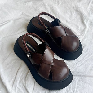 Womens Summer Two-Way Slip-On Thick Bottom Platform Sandals Casual Roman Style Half Slippers Rubber Bottom Solid Color