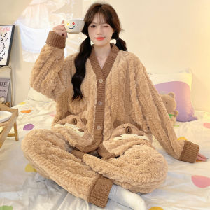 Capibara Girls Sleepwear Set Thickened Coral Fleece Open Cardigan Home Clothes Autumn Winter Childrens Polyester Fiber Warm Home Clothes
