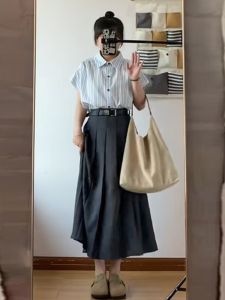 พลัสไซส์ ลายทาง ปกโปโล เสื้อเชิ้ต ผู้หญิง ฤดูร้อน ชุดทํางาน หลวม Fit Short Sleeve พรางหุ่น ดีไซน์ Commute Friendly Female