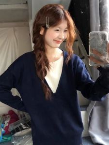 Idle Style Early Autumn Korean Style Wear Loose V-neck Blue Knitwear Womens Autumn Fake Two-Piece Long Sleeves Chic Tops
