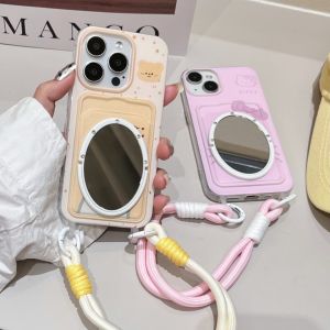 Creative Silicone Mirror Phone Case with Handheld Lanyard Card Holder KT Cat Design Protective Cover for  