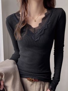 MiiOW | Áo sơ mi cổ chữ V ren viền cho nữ dáng ôm màu trơn dài tay mùa thu thường ngày MiiOW Xin FS2618-1