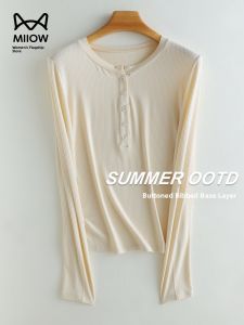 miiow | Spring Autumn Long Sleeve Round Neck Elastic Slim Fit Basic Crew Neck T Shirt Womens Top Cat Person 2025 Commute Style