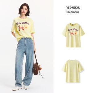 เสื้อยืดแขนสั้นผ้าฝ้ายแท้ Semir สำหรับผู้หญิง ทรงหลวม คอกลม ลายพิมพ์ แฟชั่นฤดูร้อน 2025 เสื้อตัวบนน่ารักและเท่