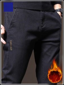 ROMON | Lormen Mens Thickened Fleece Lined Slim Fit Casual Pants Fashion Urban Style Mid Waist Long Trousers Business Casual Wear
