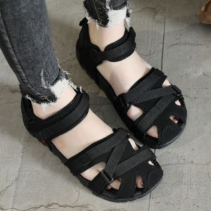 Black Flat Head Sandals Womens Fashionable Summer New Style Beach Shoes Office Outdoor Large Size Lightweight Slip-On Sandals