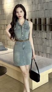 Retro Hong Kong Style Sleeveless Collared Mini Dress Slimming A-Line Denim Dress Versatile Womens Summer Fashion Dress