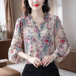เสื้อเชิ้ตผ้าชีฟองพิมพ์ลายฤดูใบไม้ผลิและฤดูใบไม้ร่วงสำหรับผู้หญิง เสื้อเชิ้ตแขนยาวสไตล์ฝรั่งเศสระดับไฮเอนด์ เสื้อยืดคอวี