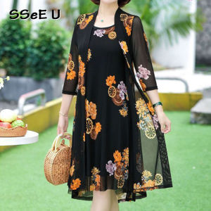 Herstore Moms Dress Plus Size Two Piece Set Plus Size Middle-aged Elderly Womens Summer Dress Temperament Reducing Age Dress