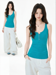 iiiamx | Henley Collar and T-back Sleeveless Top Lake Blue
