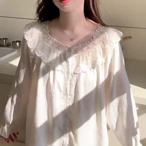 Nightwear for Women New Spring and Autumn Thin Cloud Cotton Round Neck Long Sleeved Pijama with Padded Sweet Princess Style Home Suit Set