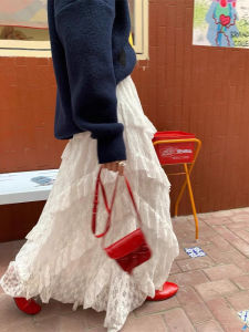 White Lace Twill Patchwork Skirt Street Style Midi A-Line Skirt with Interior Lining mid Waist Design Polyester Fabric