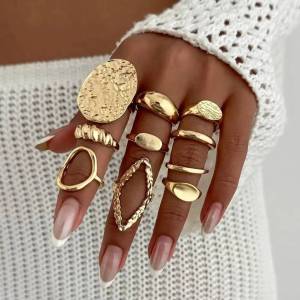 IngeSight.Z 10Pcs/Set Punk Gold Color Irregular Smooth Open Rings for Women Vintage Geometric Wave Joint Ring Party Jewelry Gift