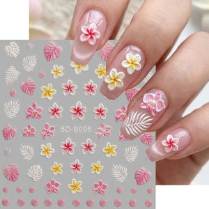 1PC 5D Embossed Floral Nail Art Stickers Hibiscus Frangipani 3D Adhesive Nail Decals DIY Manicure Decoration Wrap Nail Supplies