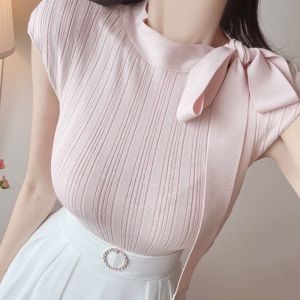 Zilihua Womens Knitted T-shirt Bow Tie Half High Collar Sleeve Cover Meat Slim Fit Korean Style Short Sleeve Top