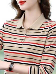 QIAOXIZI | Cotton Striped Long Sleeve Polo Shirt for Women
