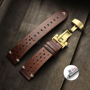 20mm22mm Oil Leather Watch Strap Quick Release Breathable Porous Band Brown Black Vintage Cowhide Band Butterfly Buckle Bracelet
