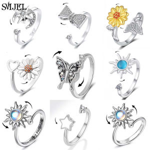 Luxury Crystal Star Moon Anxiety Ring Fidget Spinner Rings for Women Korean Butterfly Sunflower Ring Party Bague Anti Stress