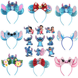 Disney Cute Stitch Headbands For Girls Sequins Bow Hairband Women Angel Headwear Kids Disney Ears Hair Accessories Carnival Gift