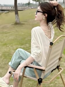 เสื้อยืดแขนยาวผู้หญิงแบบปกป้องแสงแดด ผ้าไหมน้ำแข็ง ทรงหลวม สไตล์เกาหลี สำหรับฤดูร้อน คอลเลกชั่นต้นฤดูใบไม้ร่วง