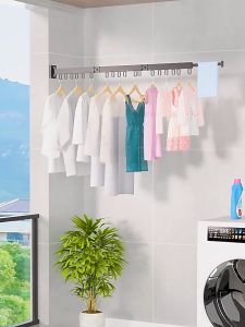Folding Drying Rack Hanger Aluminum alloy Balcony Window Wall Mounted Retractable Folding Hanger Space Saver Clothes Rack With Hooks