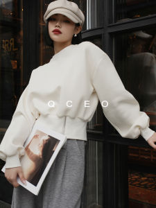 QCEO Fashionable High-Waist Short Sweatshirt Air Cotton Zipper Bloom Waist Womens Autumn Top Korean Style round Neck Long Sleeve