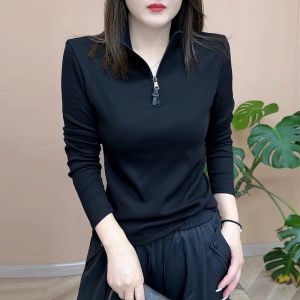 2024 Autumn New Fashionable All-Matching Anti-Aging Elegant Slim Looking Pure Color Half Long-Sleeve Zipper Bottoming Shirt for Women Tops
