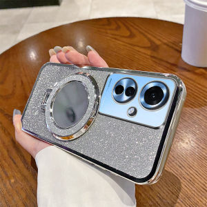 Oppo Reno11A Gradient Sparkle Powder Silicone Protective Case Female Version with Makeup Mirror Creative Desktop Stand Anti-Fall