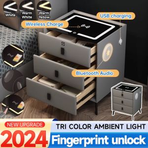 【SG Local Seller】2025 Upgrade CNY Intelligent Luxury  3Layer-Ultra-Narrow Bedside Table Drawer Cabinet Soild Wood Living Bedroom Table With Smart Wireless Charging Bluebooth Speaker 带充电器 蓝牙音响 三层抽屉柜 床边柜