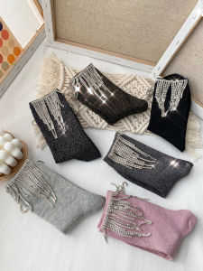 Best-Seller on Douyin ~ Diamond Tassel Ankle Boot Socks Luxury Shiny Encrypted Rhinestone Handmade Pure Cotton Silver Onion Bunching Socks Women