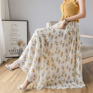 Vacation Floral Chiffon Long Skirt Womens High Waist A-Line Midi Dress Summer New Style Travel Big Swing Skirt to Ankle