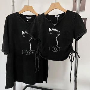Couple Matching T-Shirts Womens Drawstring Short Sleeve Distressed Washed Slim Fit Summer Top Korean Style round Neck