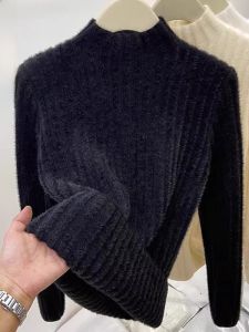 WANGGONGZHU | Thickened Warm Knitted Sweater Womens Fashion Inner Wear Princess Style Commute Thickened Half-High Collar Mink Imitation Sweater