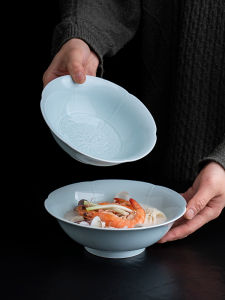 Retro Glazed Blue Porcelain Bowl Simple New Chinese Style Soup Bowl Pure Color Small Rice Bowl Sunflower Edge Bowl for Business Use
