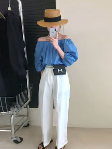 Blue Off-Shoulder Doll Shirt Loose Bubble Sleeve Womens Top Sweet Pure Color Summer New Style Commute Style Seven Sleeve