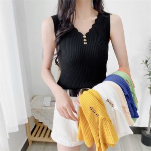 Áo Len Dệt Kim Không Tay Ngắn Ice Silk Dáng Rộng Phong Cách Hàn Quốc Mùa Hè Cho Nữ Áo Sơ Mi Cơ Bản Cổ Chữ V Mặc Trong Ngoài