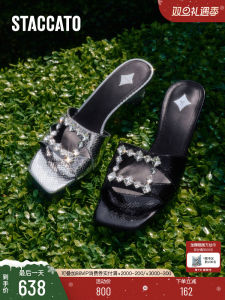 Staccato Elegant Diamond Embellished Womens Sandals Open Toe mid Heel Rubber Outsole Leather Interior Daily Wear Slippers