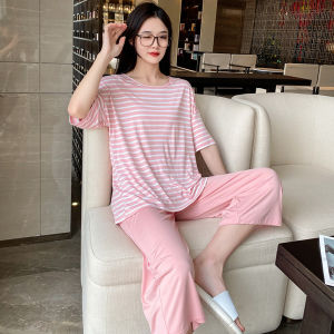 Modal Pajamas Womens Summer Thin Stripes Short-Sleeved Cropped Pants K-style Plus Size round Neck Summer Home Wear Suit