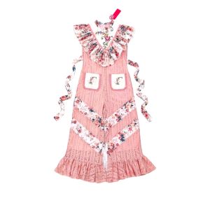 P010-331 PIMNADACLOSET - Sleeveless Crew Neck Tie Waist Front Patch Pockets Stripe Lace Long Wide Leg Jumpsuit