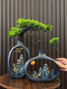 Welcoming Pine Tree Vase Ornament New Chinese Style Resin Flower Vase Living Room TV Cabinet and Entryway Decor Set Living Room Wine Cabinet and Entryway Decor Set