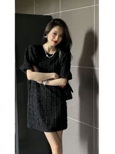Elegant Black Dress Womens Fashion Summer 2023 Slimming Luxury Street Style Midi Skirt A-Line Silhouette Long Sleeve round Neck