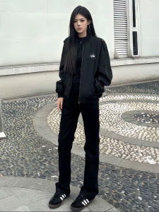 กางเกงยีนส์ทรงตรงเอวสูงสำหรับผู้ชาย สีดำ ทรงขากระบอกเล็ก ทรงสลิมฟิต ทรงสลิมฟิต ทรงยาว ทรงหลวม ทรงลำลอง ทรงฤดูใบไม้ร่วง